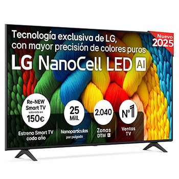 Front view of NanoCell TV, LG NanoCell Al Logo on the top corner. LG NanoCell TV depicts colorful paintike textures coming together.