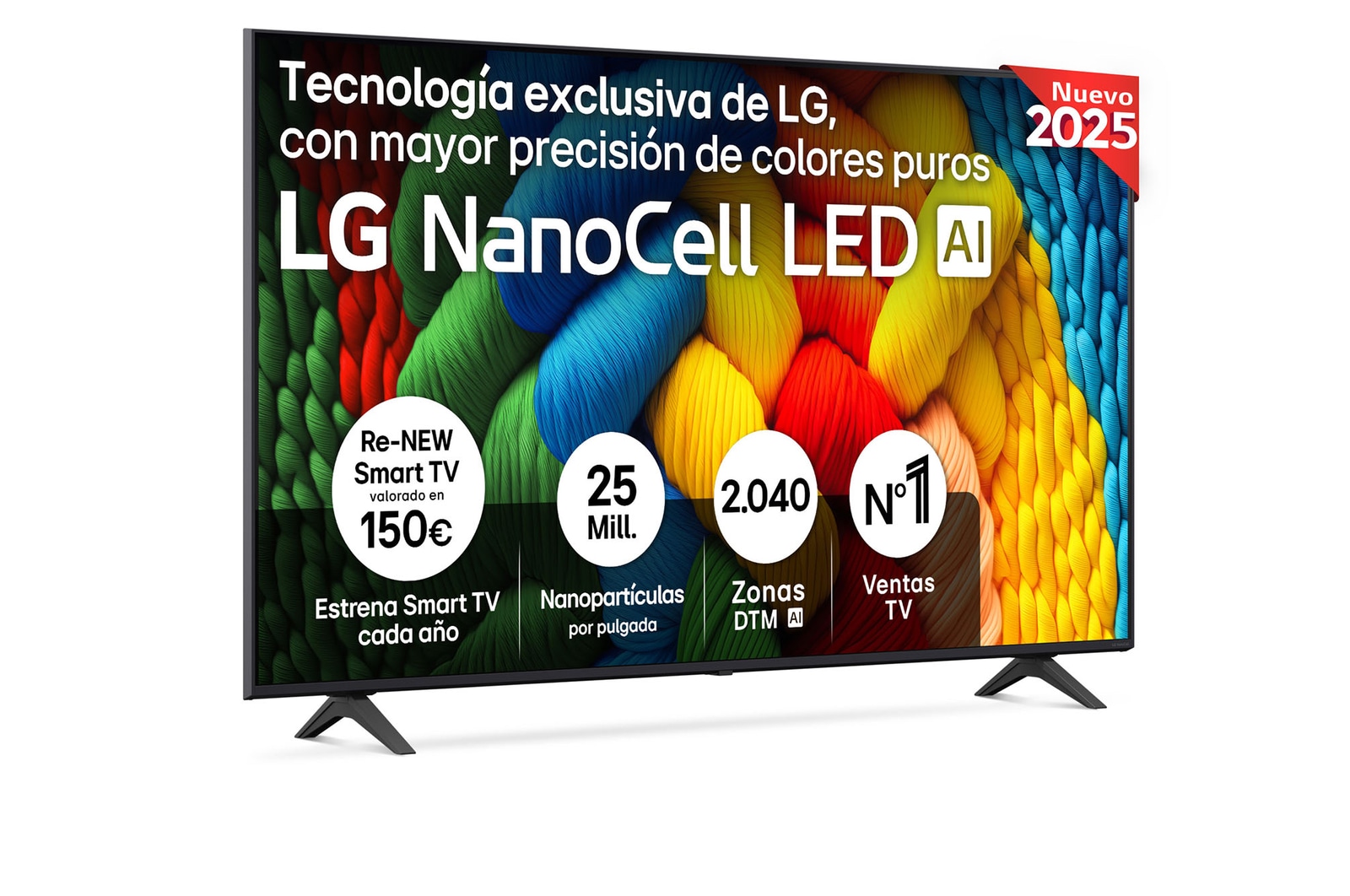 Front view of NanoCell TV, LG NanoCell Al Logo on the top corner. LG NanoCell TV depicts colorful paintike textures coming together.