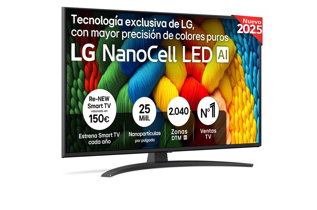 Front view of NanoCell TV, LG NanoCell Al Logo on the top corner. LG NanoCell TV depicts colorful paintike textures coming together.
