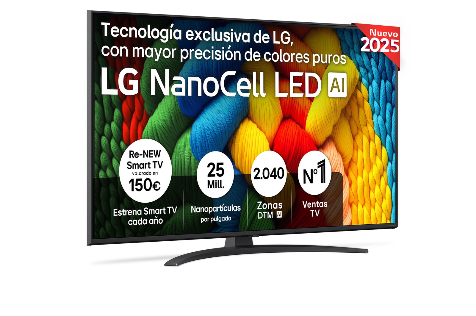Front view of NanoCell TV, LG NanoCell Al Logo on the top corner. LG NanoCell TV depicts colorful paintike textures coming together.