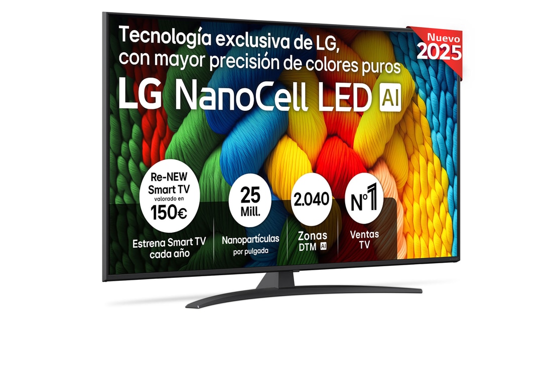 Front view of NanoCell TV, LG NanoCell Al Logo on the top corner. LG NanoCell TV depicts colorful paintike textures coming together.