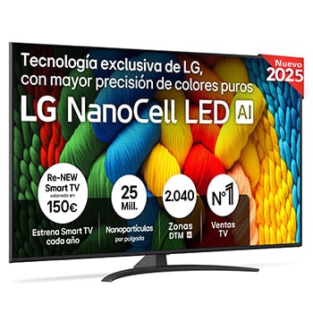 Front view of NanoCell TV, LG NanoCell Al Logo on the top corner. LG NanoCell TV depicts colorful paintike textures coming together.