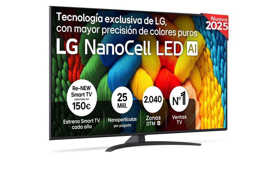 Front view of NanoCell TV, LG NanoCell Al Logo on the top corner. LG NanoCell TV depicts colorful paintike textures coming together.