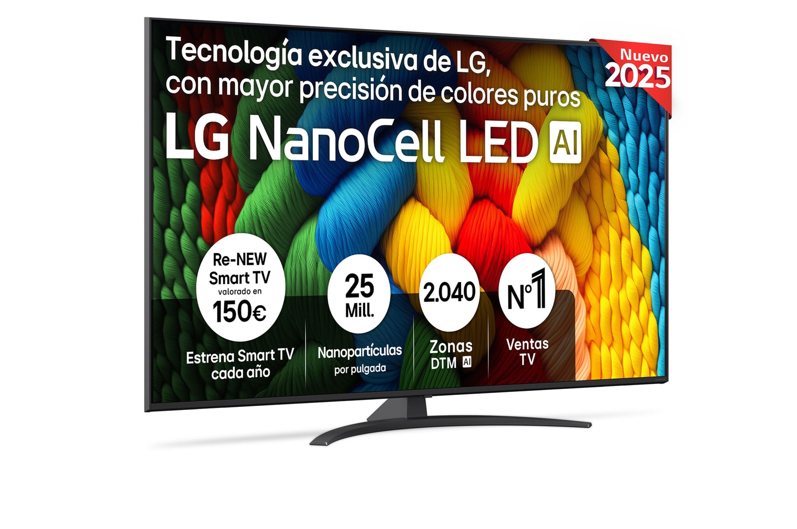 Front view of NanoCell TV, LG NanoCell Al Logo on the top corner. LG NanoCell TV depicts colorful paintike textures coming together.