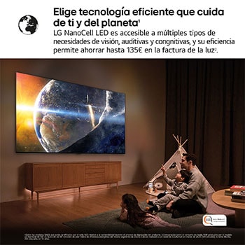 Wide view of a stylish and colorful living room. LG OLED evo AI C5E 4K Smart TV is mounted on the wall with an LG Soundbar underneath it. The TV's design blends well with the space. On the TV screen is a colorful artwork. 