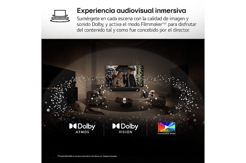 AI Magic Remote de LG en primer plano. El icono del botón AI está resaltado. En el fondo aparece la interfaz de usuario de webOS de LG. El cursor del ratón implica que se está usando el mando a distancia. El texto explica cómo las funciones del mando a distancia y los controles hacen que la navegación en webOS sea más sencilla.