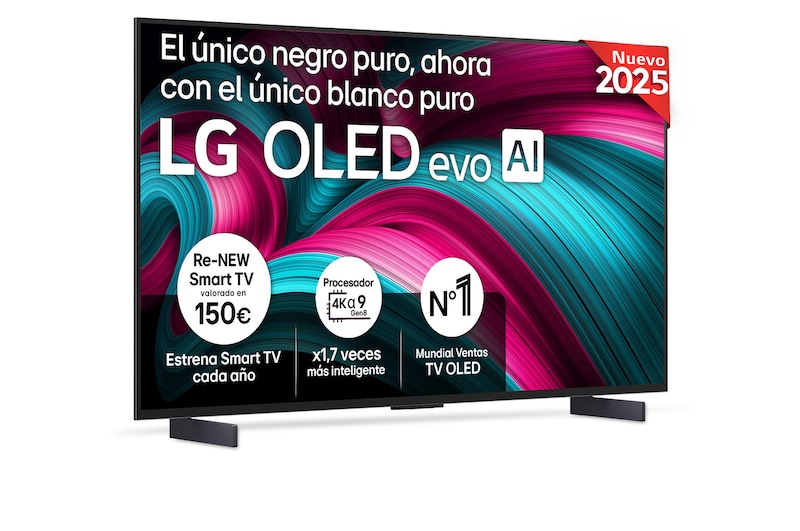 Vista frontal del televisor LG OLED evo AI C5 4K Smart TV. En la pantalla aparecen el distintivo “12 Years of world number 1 OLED” y el logotipo LG OLED evo AI 2025.