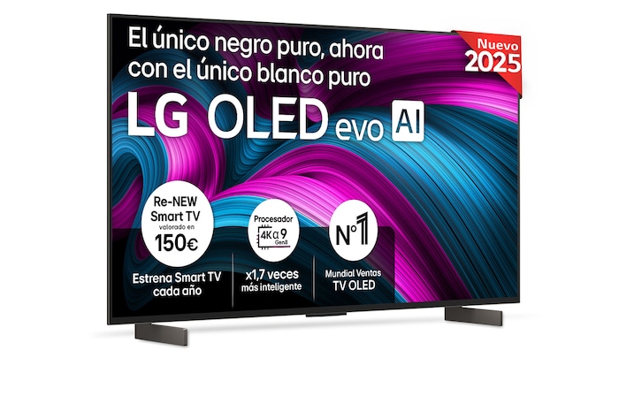 Vista frontal del televisor LG OLED evo AI C5 4K Smart TV. En la pantalla aparecen el distintivo “12 Years of world number 1 OLED” y el logotipo LG OLED evo AI 2025.