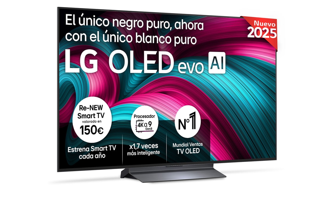 Front view of LG OLED evo AI C5 4K Smart TV. 12 Years of world number 1 OLED emblem and LG OLED evo AI 2025 logo are on the screen.