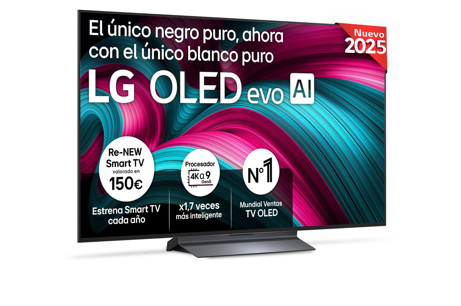 Front view of LG OLED evo AI C5 4K Smart TV. 12 Years of world number 1 OLED emblem and LG OLED evo AI 2025 logo are on the screen.
