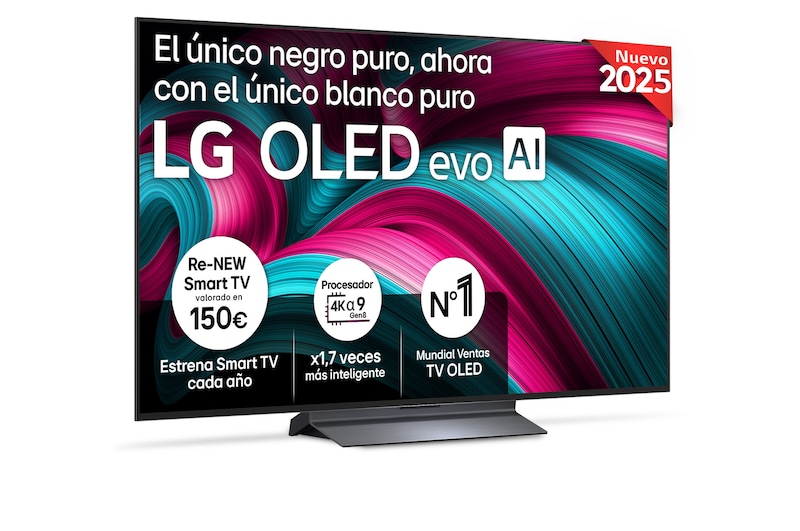 Vista frontal del televisor LG OLED evo AI C5 4K Smart TV. En la pantalla aparecen el distintivo “12 Years of world number 1 OLED” y el logotipo LG OLED evo AI 2025.