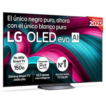 Front view of LG OLED evo AI C5 4K Smart TV. 12 Years of world number 1 OLED emblem and LG OLED evo AI 2025 logo are on the screen.