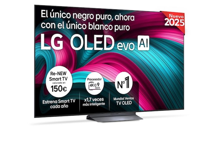 Vista frontal del televisor LG OLED evo AI C5 4K Smart TV. En la pantalla aparecen el distintivo “12 Years of world number 1 OLED” y el logotipo LG OLED evo AI 2025.