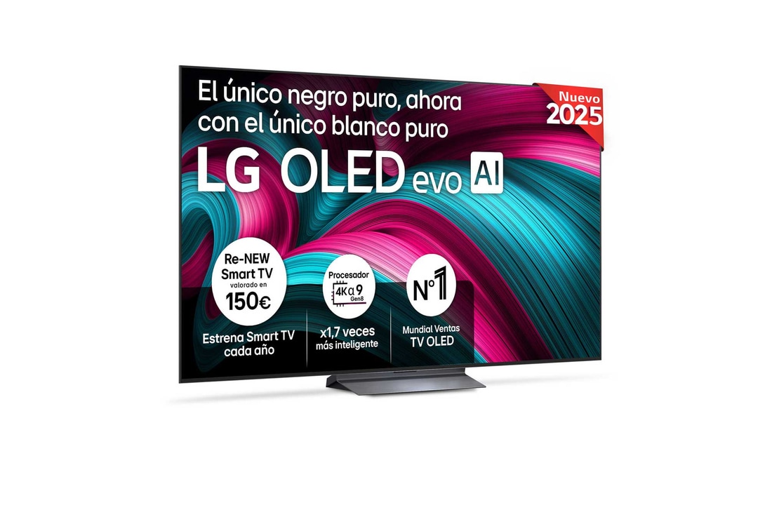 Vista frontal del televisor LG OLED evo AI C5 4K Smart TV. En la pantalla aparecen el distintivo “12 Years of world number 1 OLED” y el logotipo LG OLED evo AI 2025.