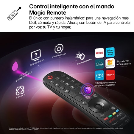 En la pantalla de un televisor LG OLED TV se muestra la página de inicio de webOS 25 llena de aplicaciones y contenidos de entretenimiento. Junto al televisor está el mando a distancia LG AI Magic Remote. El botón AI está iluminado como si se hubiera activado con la voz del usuario. A su lado se puede ver una burbuja de texto que cambia a Mi cuenta. El texto breve explica cómo los usuarios pueden sincronizar su voz a su perfil personal para facilitar la navegación y recibir recomendaciones personalizadas.