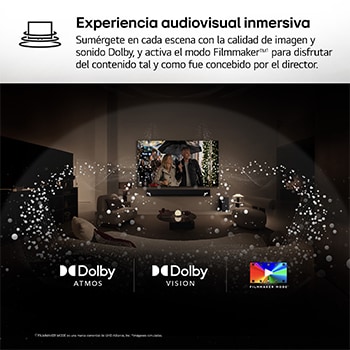 Vista amplia de un salón elegante y colorido. Hay un televisor LG OLED evo AI C5E 4K Smart TV montado en la pared con una LG Soundbar debajo. El diseño del televisor se integra perfectamente en el espacio. En la pantalla del televisor hay una obra de arte colorida. 