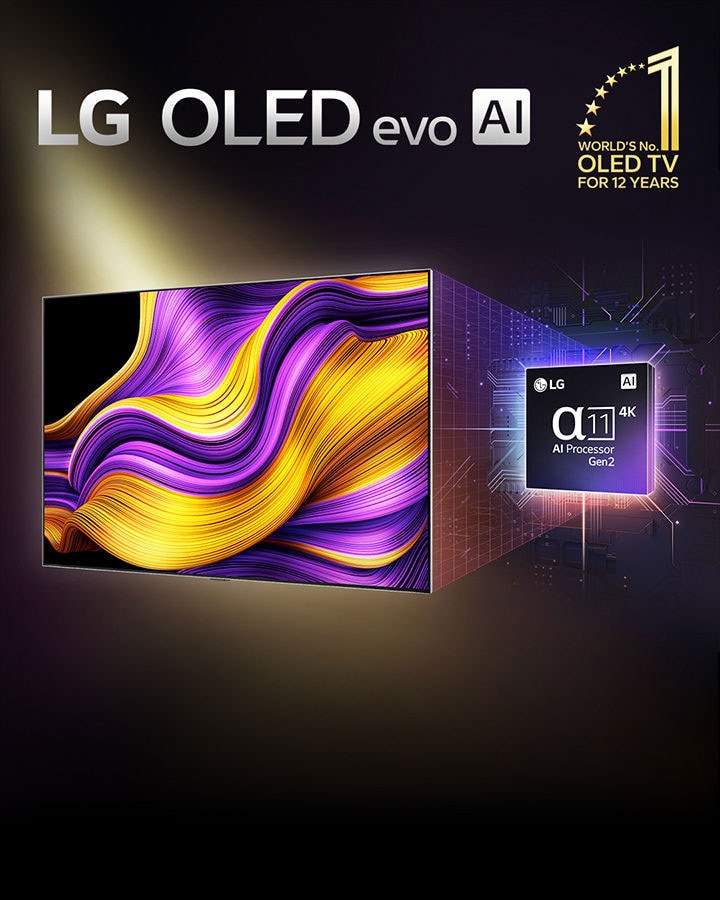 En la pantalla de un televisor LG OLED evo AI hay una imagen abstracta con un detalle, un color y un contraste impresionantes. Una versión ampliada del procesador alfa 11 4K AI Gen 2 está detrás del televisor. Brilla con luz que ilumina los circuitos de microchips a su alrededor. El título reza LG OLED evo AI. También se ve el texto, powered by LG alpha AI processor. En la esquina hay un logotipo dorado con estrellas en el que se puede leer: «El televisor OLED número uno del mundo durante 12 años». 	