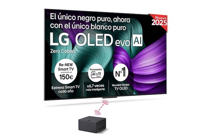 Vista frontal del World’s first True Wireless TV 65 inch LG OLED evo AI M5 with 4K 144Hz Video & Audio Transfer OLED65M59LA