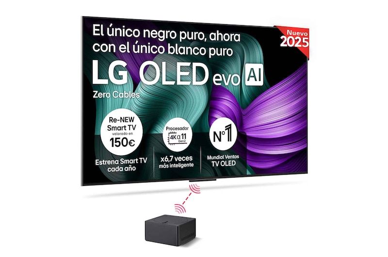 Vista frontal del televisor LG OLED M5. En la pantalla aparecen el distintivo “12 Years of world number 1 OLED” y el logotipo LG OLED evo AI 2025. Zero Connect Box en la esquina con el título “Zero Connect Box with 4K 144Hz wireless video & audio transfer”