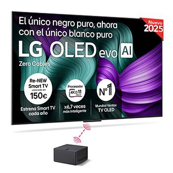 Vista frontal del televisor LG OLED M5. En la pantalla aparecen el distintivo “12 Years of world number 1 OLED” y el logotipo LG OLED evo AI 2025. Zero Connect Box en la esquina con el título “Zero Connect Box with 4K 144Hz wireless video & audio transfer”