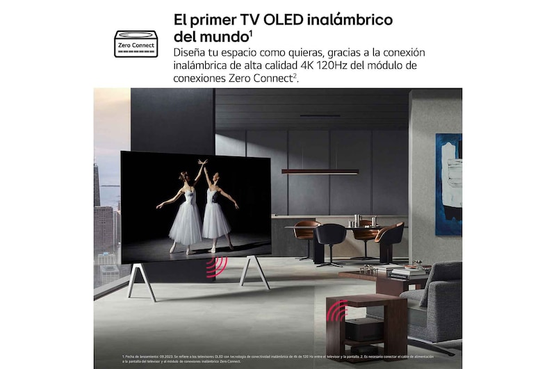 Vista frontal y lateral del televisor LG OLED M5 TV en las que se muestran sus dimensiones (largo, ancho, alto y profundo).