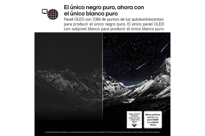 Pantalla de un televisor LG OLED M5 que muestra el interior de una cueva que mira hacia el cielo. El texto habla sobre cómo el detalle es impresionante con calidad 4K sin pérdidas visuales.