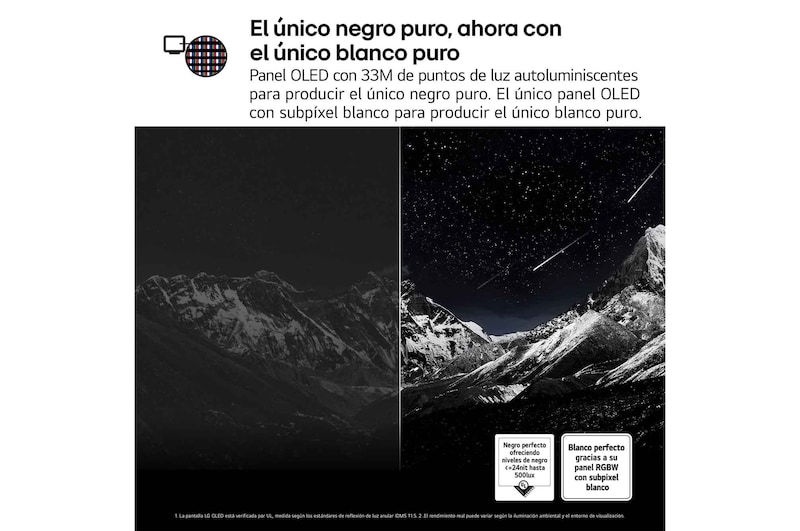 Pantalla de un televisor LG OLED M5 que muestra el interior de una cueva que mira hacia el cielo. El texto habla sobre cómo el detalle es impresionante con calidad 4K sin pérdidas visuales. 