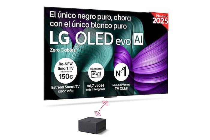 Vista frontal del televisor LG OLED M5. En la pantalla aparecen el distintivo “12 Years of world number 1 OLED” y el logotipo LG OLED evo AI 2025. Zero Connect Box en la esquina con el título “Zero Connect Box with 4K 144Hz wireless video & audio transfer”