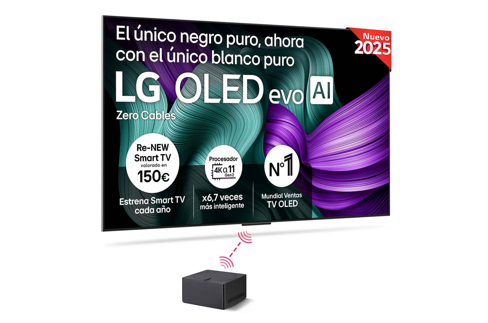 Vista frontal del televisor LG OLED M5. En la pantalla aparecen el distintivo “12 Years of world number 1 OLED” y el logotipo LG OLED evo AI 2025. Zero Connect Box en la esquina con el título “Zero Connect Box with 4K 144Hz wireless video & audio transfer”