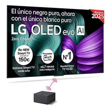 Vista frontal del televisor LG OLED M5. En la pantalla aparecen el distintivo “12 Years of world number 1 OLED” y el logotipo LG OLED evo AI 2025. Zero Connect Box en la esquina con el título “Zero Connect Box with 4K 144Hz wireless video & audio transfer”