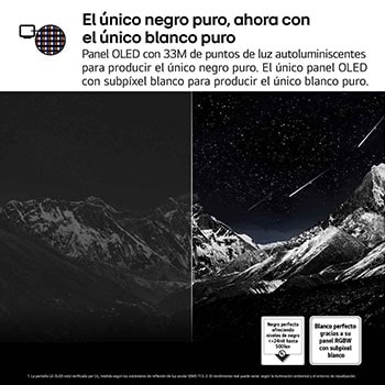 Pantalla de un televisor LG OLED M5 que muestra el interior de una cueva que mira hacia el cielo. El texto habla sobre cómo el detalle es impresionante con calidad 4K sin pérdidas visuales. 