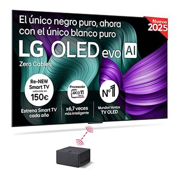 Vista frontal del televisor LG OLED M5. En la pantalla aparecen el distintivo “12 Years of world number 1 OLED” y el logotipo LG OLED evo AI 2025. Zero Connect Box en la esquina con el título “Zero Connect Box with 4K 144Hz wireless video & audio transfer”