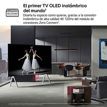 Vista frontal y lateral del televisor LG OLED M5 TV en las que se muestran sus dimensiones (largo, ancho, alto y profundo).