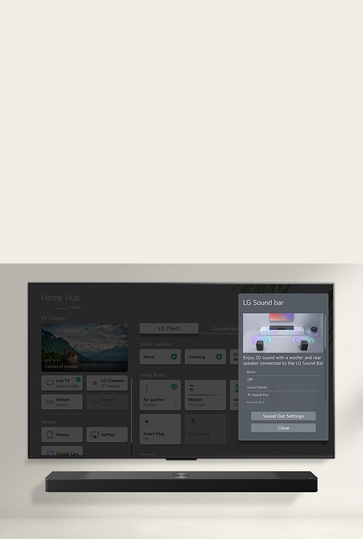 Debajo de un televisor LG OLED TV hay una LG Soundbar. En la pantalla del televisor se muestra la interfaz de usuario de la soundbar y los controles de volumen del televisor. 