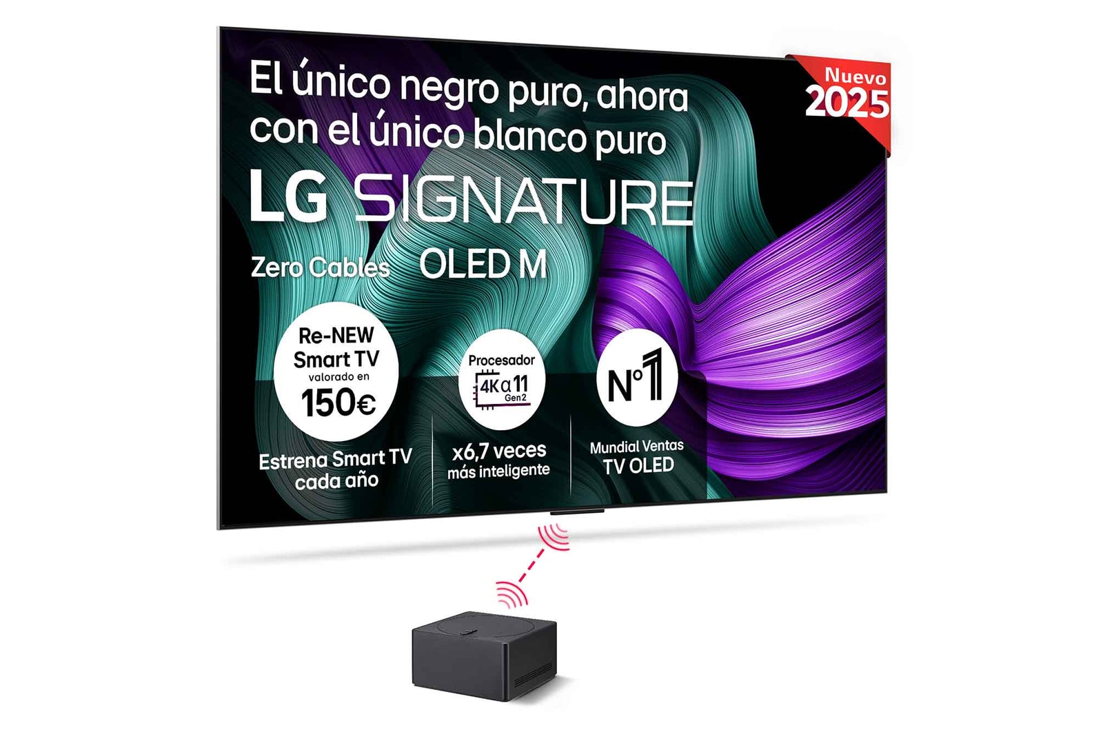 Vista frontal del televisor LG OLED M5. En la pantalla están el emblema de 12 años como número uno del mundo en OLED y el logo de LG OLED evo AI 2025. La Caja Zero Connect en la esquina con el título, Caja Zero Connect con transferencia de video y audio inalámbrica 4K 144Hz.