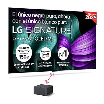 Vista frontal del televisor LG OLED M5. En la pantalla están el emblema de 12 años como número uno del mundo en OLED y el logo de LG OLED evo AI 2025. La Caja Zero Connect en la esquina con el título, Caja Zero Connect con transferencia de video y audio inalámbrica 4K 144Hz.
