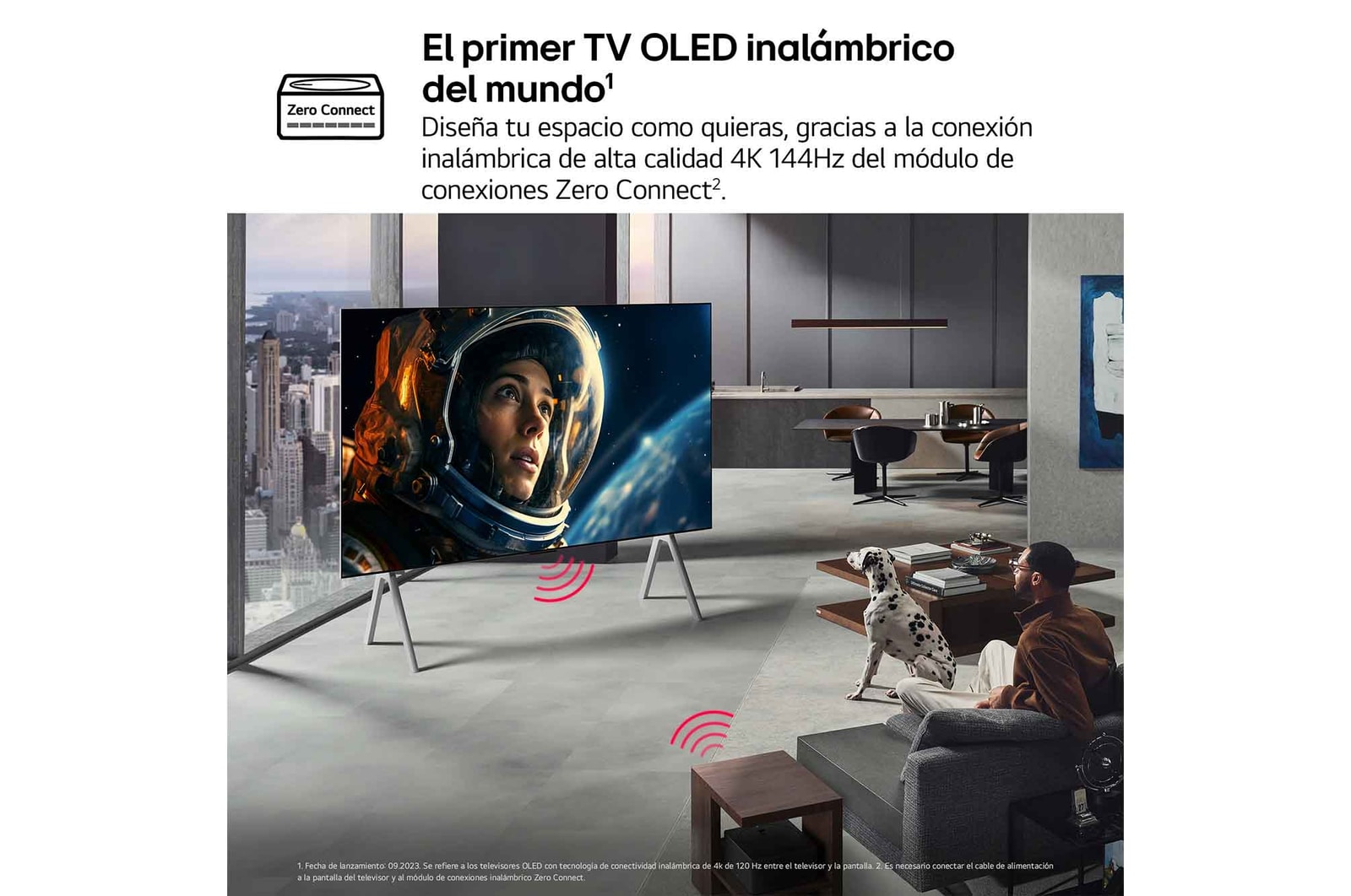 Vista frontal y vista lateral del televisor LG OLED M5 mostrando sus dimensiones de longitud, ancho, altura y profundidad.