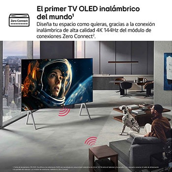 Vista frontal y vista lateral del televisor LG OLED M5 mostrando sus dimensiones de longitud, ancho, altura y profundidad.