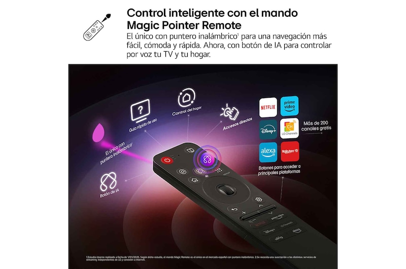 Pantalla de TV LG con un control remoto mágico AI en primer plano. El botón de IA está resaltado y una burbuja de texto muestra el mensaje, sugiere una película que me gusta. En la pantalla vemos el ícono de usuario E, indicando cómo la ID de voz de IA pudo identificar a qué usuario era y dar recomendaciones personalizadas solo basadas en su voz.