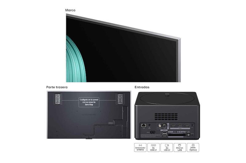 Amplia sala de estar con vista a un paisajismo urbano. Televisor LG OLED está montado en la pared con una barra de sonido LG. El diseño One Wall del televisor permite que esté ajustado a la pared y se mezcle bien con el espacio. La caja Zero Connect es visible, pero está oculta.