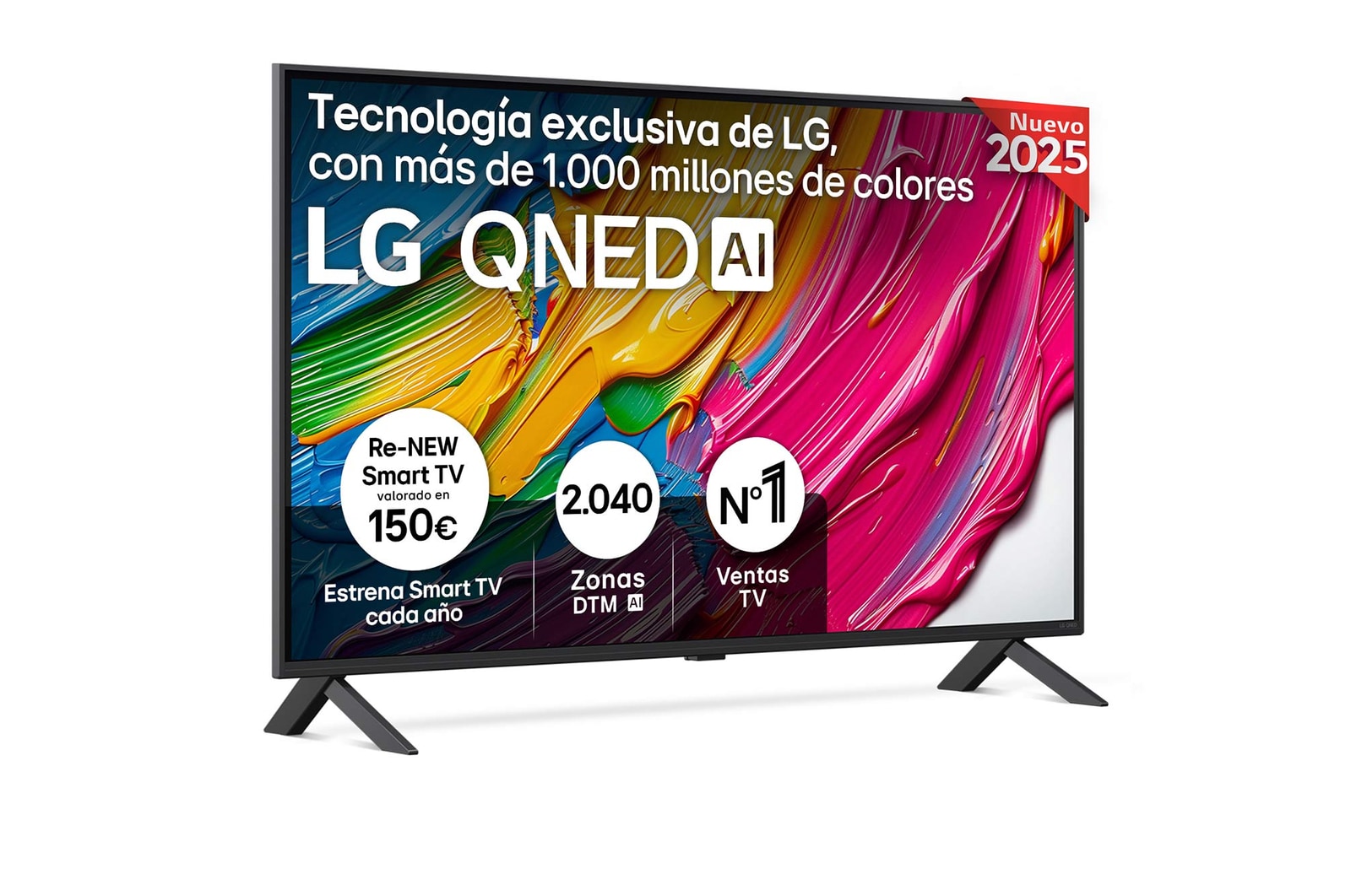 Vista frontal del televisor LG QNED80, con el logotipo LG QNED AI en la esquina superior. El televisor LG QNED TV ofrece texturas coloridas similares a la pintura que se unen.