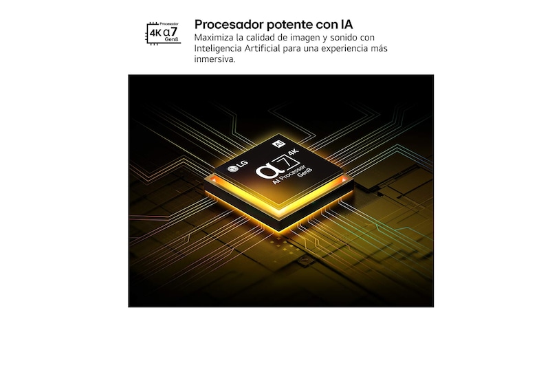 El procesador AI Processor Gen8 alpha 7 se enciende y emite destellos de luz amarillos. El título hace referencia a la calidad 4K, al color y al increíble brillo que el procesador ofrece.