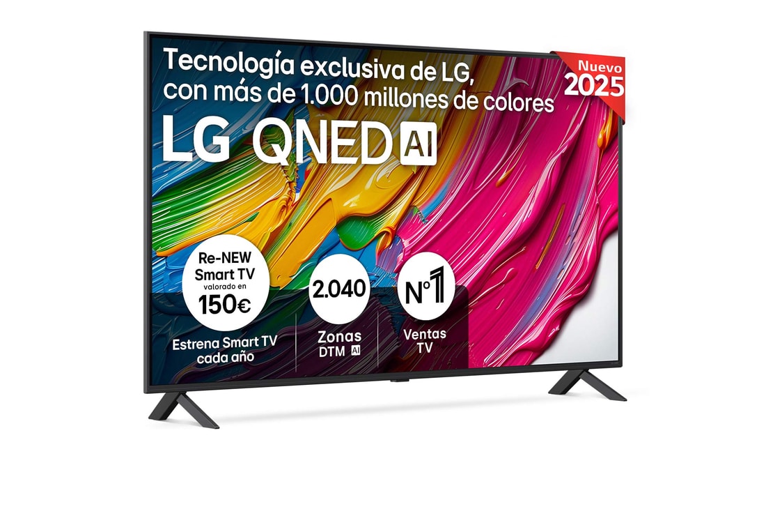 Vista frontal del televisor LG QNED80, con el logotipo LG QNED AI en la esquina superior. El televisor LG QNED TV ofrece texturas coloridas similares a la pintura que se unen.