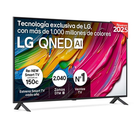 Vista frontal del televisor LG QNED80, con el logotipo LG QNED AI en la esquina superior. El televisor LG QNED TV ofrece texturas coloridas similares a la pintura que se unen.