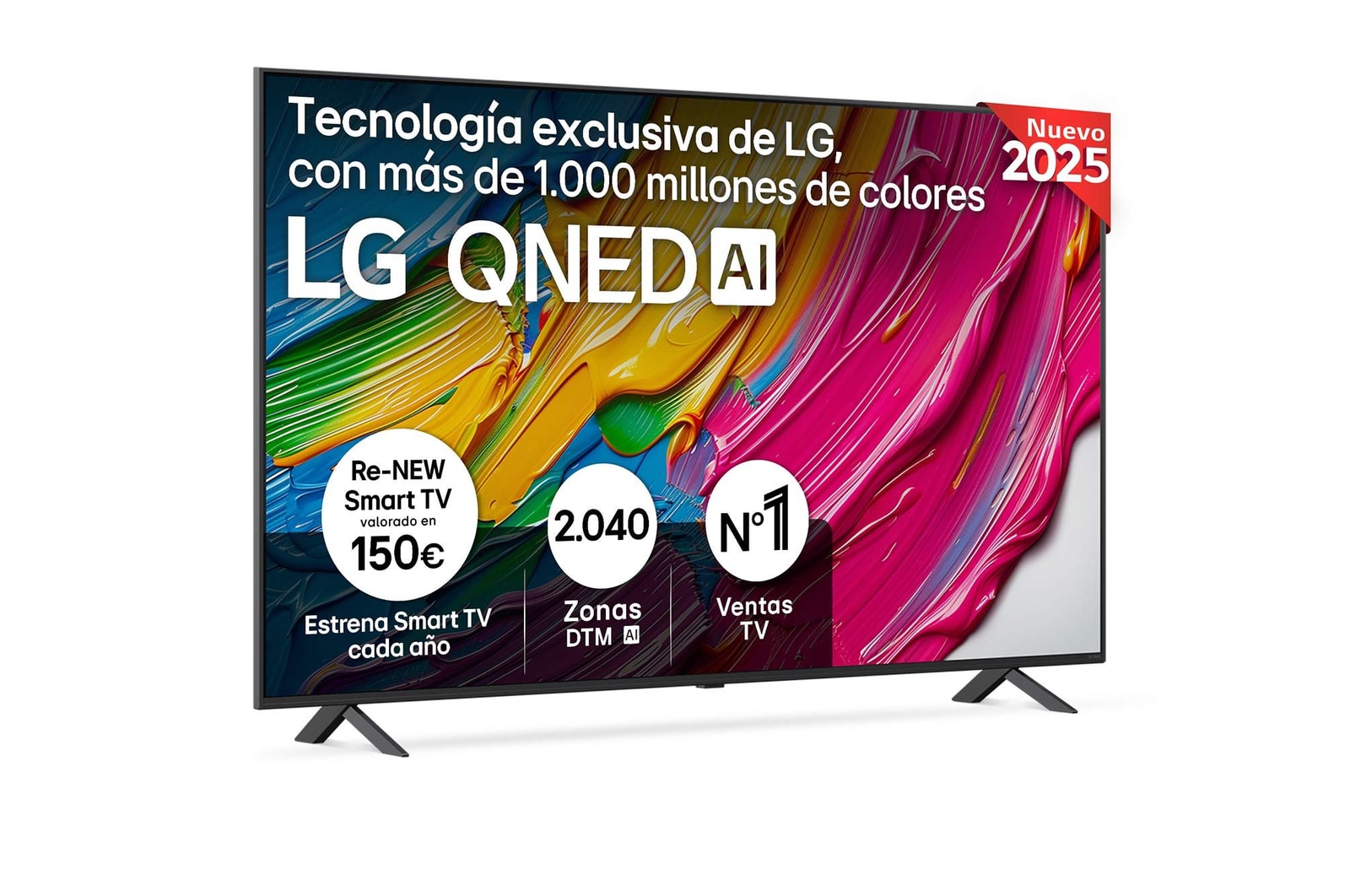 Vista frontal del televisor LG QNED80, con el logotipo LG QNED AI en la esquina superior. El televisor LG QNED TV ofrece texturas coloridas similares a la pintura que se unen.