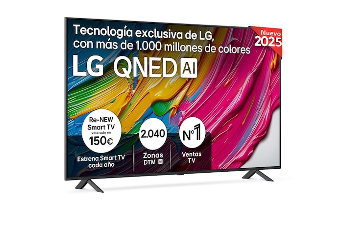 Vista frontal del televisor LG QNED80, con el logotipo LG QNED AI en la esquina superior. El televisor LG QNED TV ofrece texturas coloridas similares a la pintura que se unen.