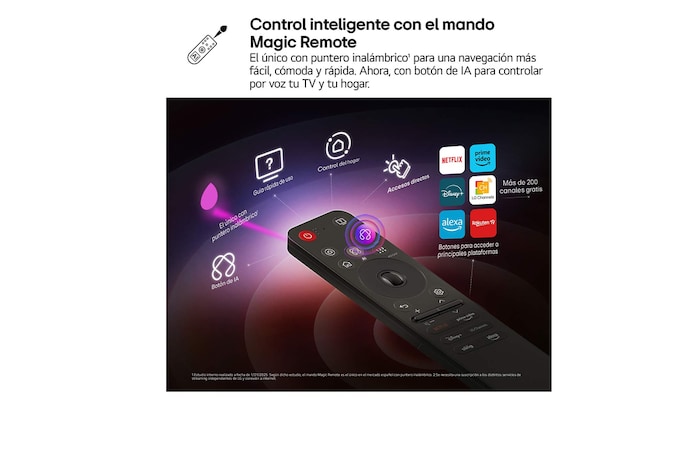El botón AI del mando a distancia AI Magic Remote de LG está resaltado. A su alrededor, se muestran las diferentes funciones a las que el usuario puede acceder mediante ese botón. AI Voice ID, AI Search, AI Chatbot, AI Concierge, AI Picture Wizard, AI Sound Wizard. El texto explica cómo el mando a distancia LG AI Magic Remote completa tu AI Experience gracias a su botón específico para IA y, además, indica que se puede utilizar como si fuera in ratón aéreo. Simplemente señala y clica.