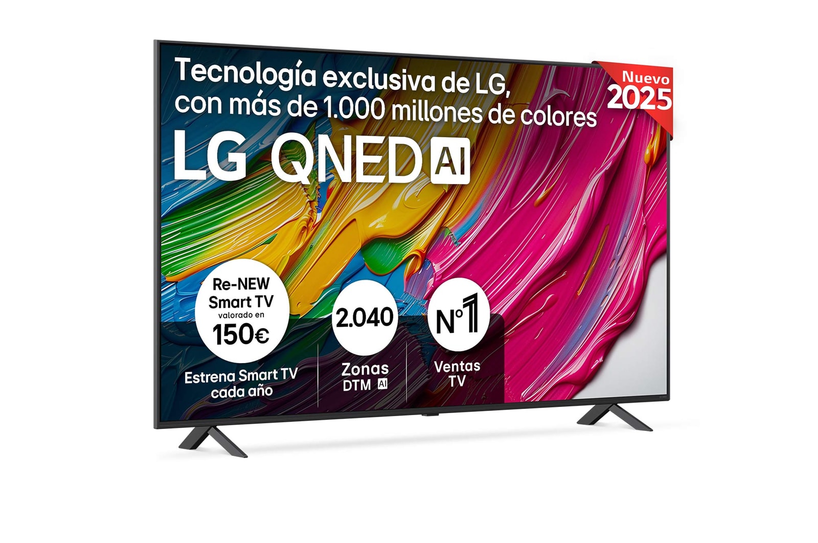 Vista frontal del televisor LG QNED80, con el logotipo LG QNED AI en la esquina superior. El televisor LG QNED TV ofrece texturas coloridas similares a la pintura que se unen.
