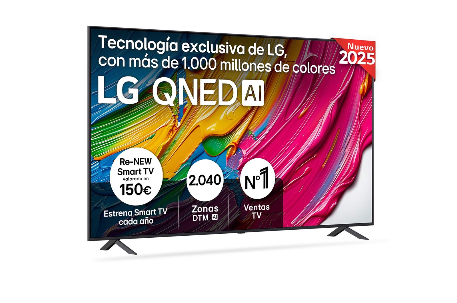 Vista frontal del televisor LG QNED80, con el logotipo LG QNED AI en la esquina superior. El televisor LG QNED TV ofrece texturas coloridas similares a la pintura que se unen.