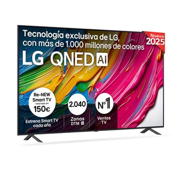 Vista frontal del televisor LG QNED80, con el logotipo LG QNED AI en la esquina superior. El televisor LG QNED TV ofrece texturas coloridas similares a la pintura que se unen.